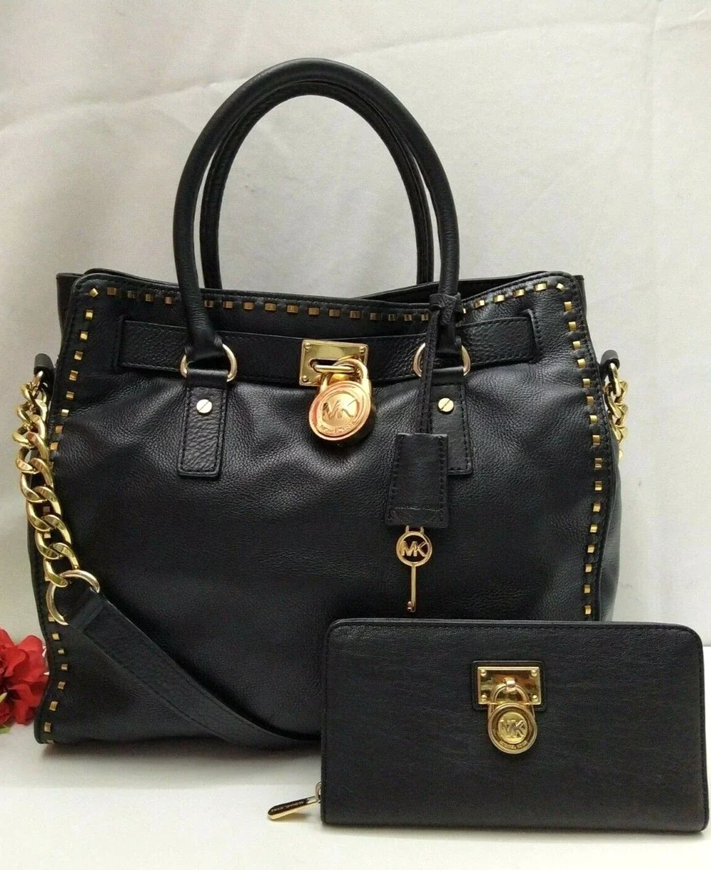 Michael Kors Hamilton Black Leather Satchel Shoulder Bag w/ Matching Wallet